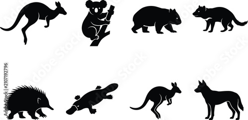 Photos Australian animal silhouette collection featuring kangaroo, koala, wombat, Tasma