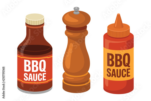 Konstfotografi Barbecue condiment icon set, cute sauce bottles, spice jars, pepper grinder and seasoning symbols, kitchen cooking vector illustration set