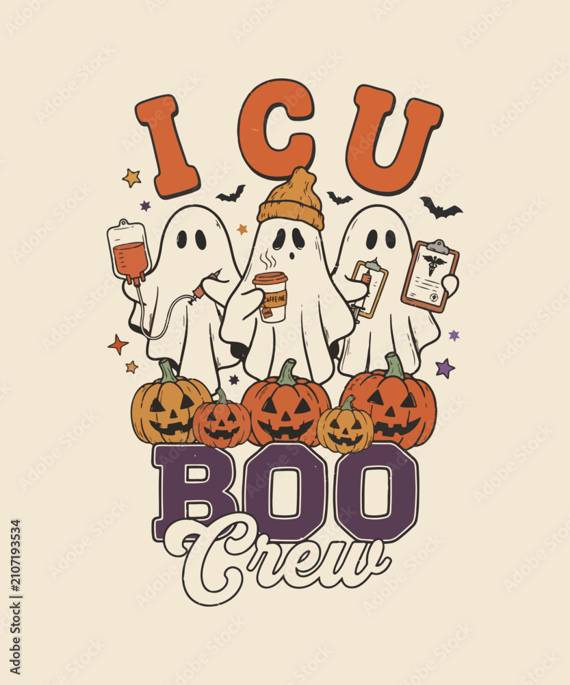 Fototapeta premium Cute ICU Boo Crew ghosts with medical gear and pumpkins for Halloween t-shirt design illustration
