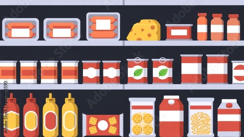 Grocery Shelf with Various Condiments, Sauces, Snacks, and Cheese for Everyday Cooking and Meal Preparation