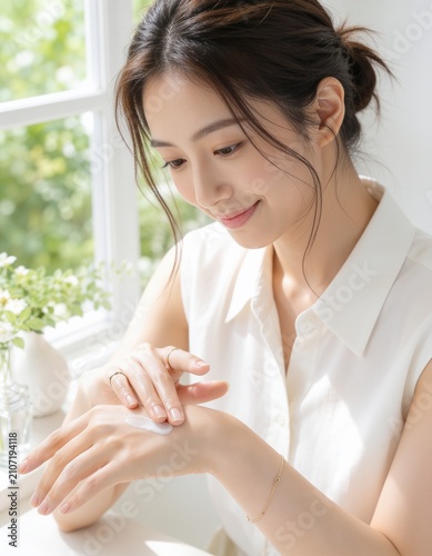 明るい窓辺でハンドクリームを手の甲に塗る若い女性の保湿ケア