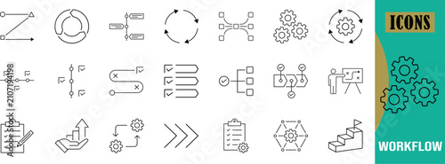 Business process workflow diagrams. gears icon set, checklist icon set, timeline icon set