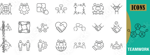 Business teamwork social network icons. handshake icon set, puzzle icon set, globe icon set