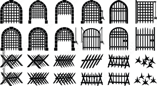 Photos Black and white medieval castle portcullises, gates, and defensive barricades ve