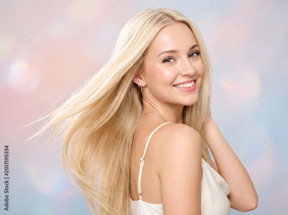 Naklejka premium Blonde woman with long healthy hair. Smiling female model with glowing skin.
