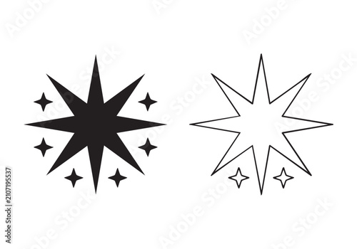 Obraz na plátne Multi point black starburst and outline sparkle icons for professional photography and logo effects