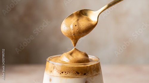 Golden spoon scooping creamy whipped coffee topping over iced milk beverage in glass cup with spoon lifting dollop glass filled layered coffee foam