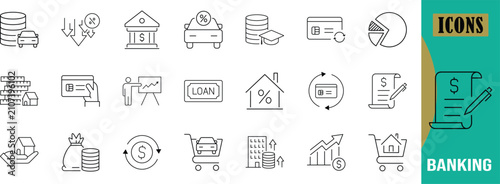 Financial banking loan business icons. house icon set, car icon set, bank icon set