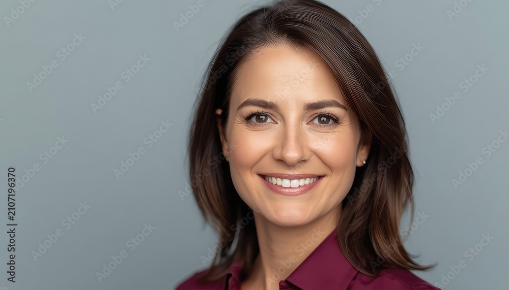 Fototapeta premium Isolated portrait of smiling middle-aged woman on grey background, wearing maroon shirt and looking at the camera. Attractive mature latin businesswoman, professional business executive entrepreneur