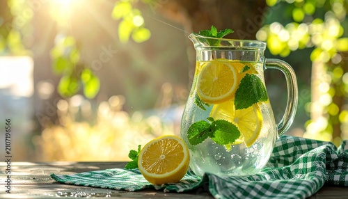 Glass pitcher with lemon slices and mint leaves on wooden table under sunlight, symbolizing freshness, purity, and summer vitality.