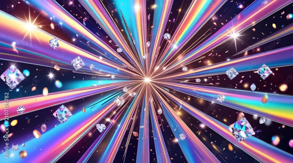 Fototapeta premium Floating diamonds in a colorful light speed tunnel