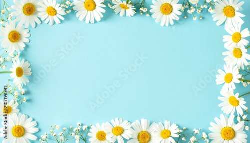 White daisies forming a border on a light blue background, symbolizing purity, freshness, and joyful simplicity.