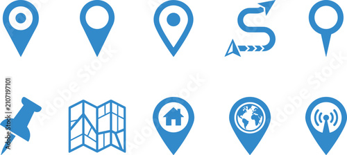 Fotografie Set of ten blue vector icons representing location, navigation, and mapping elements on transparent background