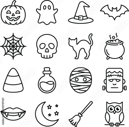 Obraz na płótnie Halloween themed icons including pumpkin ghost witch hat bat spiderweb skull cat