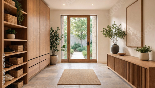 Bright modern entryway with wooden cabinets, a woven rug, potted plants, and a glass front door leading to a green garden view in the daytime