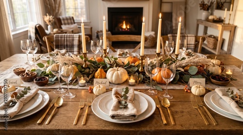 A beautifully arranged dining table with white pumpkins, candles, and greenery. A cozy fireplace is visible in the background, creating a warm atmosphere.