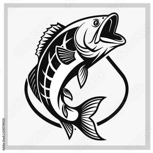 Jumping bass fish illustration leaping from water, dynamic movement, iconic fishing trophy, black and white vector art, great for sports logo or t-shirt design.