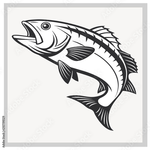 Quadro su tela Stylized bass fish jumping, bold black and white vector art, showing vigorous movement, ideal for fishing club emblem or athletic graphic design