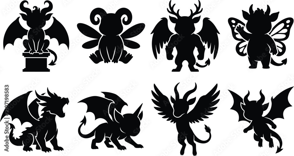 Obraz premium Fantasy Creature Silhouette Icon Set Featuring Dragons Demons Gargoyle Fairy and Mythical Monster Characters