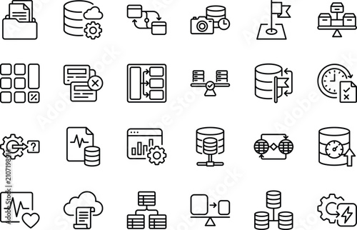 Data analytics server cloud technology thin line icon set