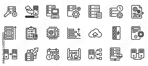 Server maintenance data center technology thin line icon set