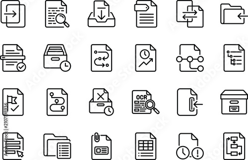 Document management workflow folder line icon set vector illustration