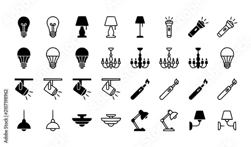 Light bulb and lighting icon set with lamp flashlight LED chandelier spotlight and lighter vector symbols