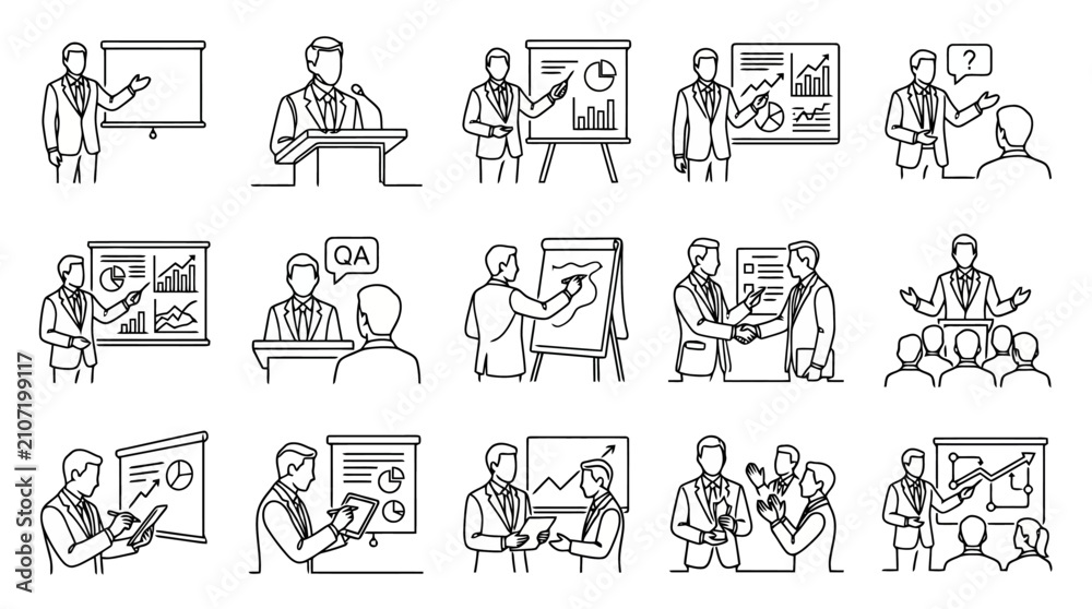 Obraz premium Business Presentation Icons: Meeting, Training, Speech, Charts, Q&A, Handshake, Audience