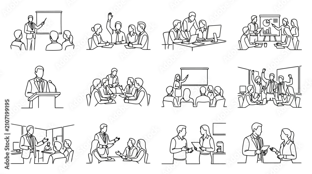 Obraz premium Business Meeting and Presentation Sketches: Collaboration, Discussion, Learning