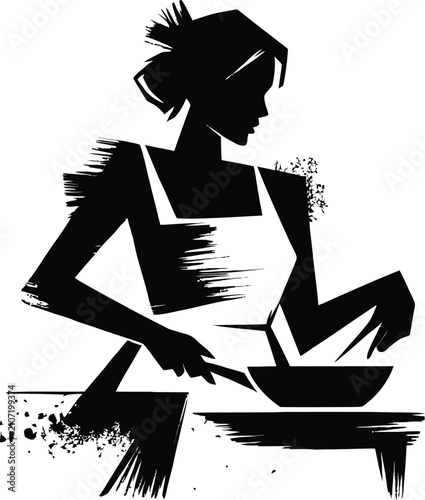 Black silhouette illustration of woman in apron preparing food with bowl isolated on white background for culinary design elements