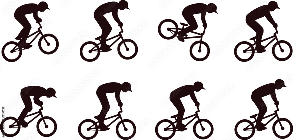 Obraz premium Collection of silhouetted BMX riders performing various tricks and poses on their bicycles