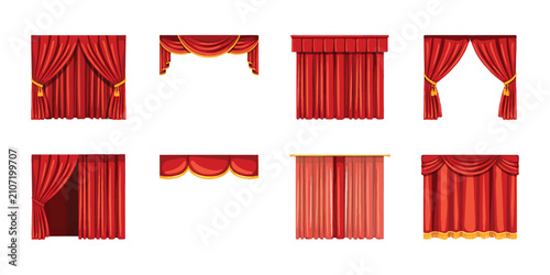Set of red curtains and fabric drapes for theater and home window decoration