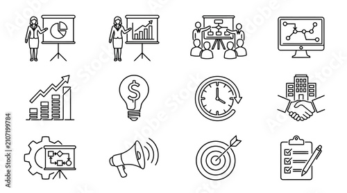 Business Icons Set: Presentation, Growth, Strategy, Finance, Time, Teamwork, Success