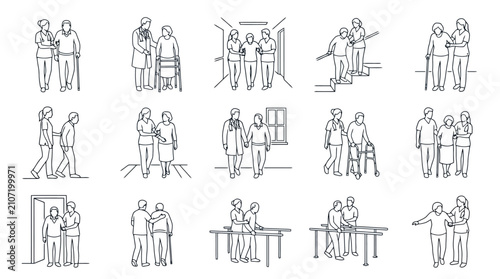 Bild auf Leinwand Elderly Care Assistance: People Helping Seniors with Mobility Aids and Daily Sup
