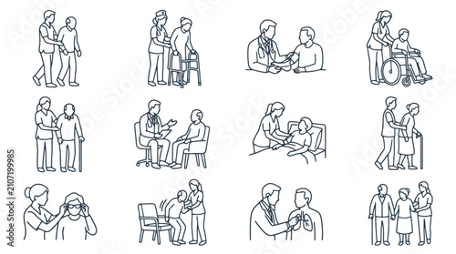 Quadro su tela Healthcare and Elderly Care Icons: Doctors and Nurses Assisting Seniors