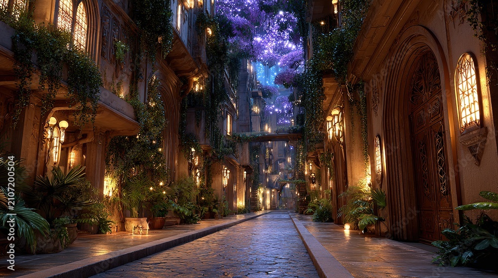 Fototapeta premium Enchanted Alleyway at Twilight: A magical alleyway adorned with glowing lanterns, lush foliage, and ethereal purple flora, illuminated by the soft twilight sky.