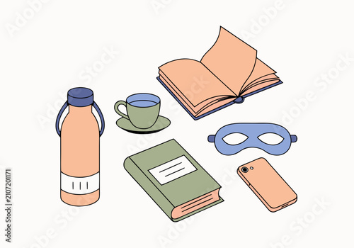 Relaxation essentials including books, tea, sleep mask, water bottle and smartphone, cozy self care illustration representing reading, rest and peaceful leisure