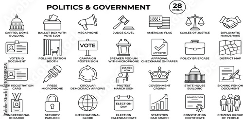 Photos politics and government line icon set featuring democracy, election, and public policy symbols