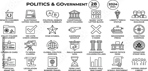 Photos politics and government line icon set featuring democracy, election, and public policy symbols