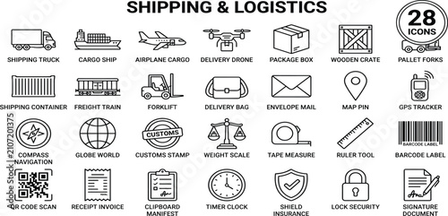 Shipping and logistics line icon set featuring global delivery, cargo, warehouse, freight, truck, distribution, and storage. Professional editable vector illustration.
