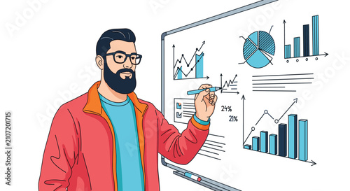 Young professional with glasses and beard presenting data and drawing colorful charts on a whiteboard against a white background.