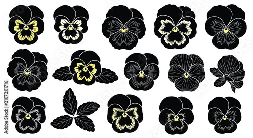 Decorative collection of vintage pansy flower silhouettes with yellow details and green leaves on a clean white background.