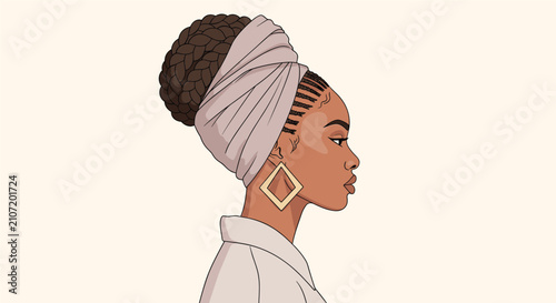 Side profile portrait of a beautiful African American woman with elegant braids and a headwrap wearing gold earrings.