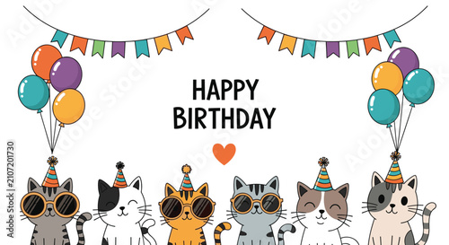 Cute cats wearing party hats and sunglasses celebrating a birthday with colorful balloons and hanging party flags.