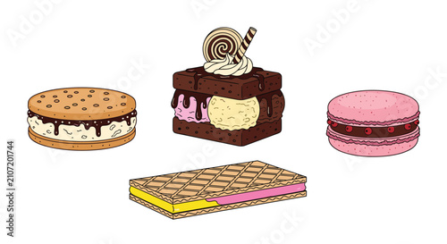 Delicious set of sweet desserts including an ice cream sandwich, chocolate brownie, pink macaron, and a waffle wafer.