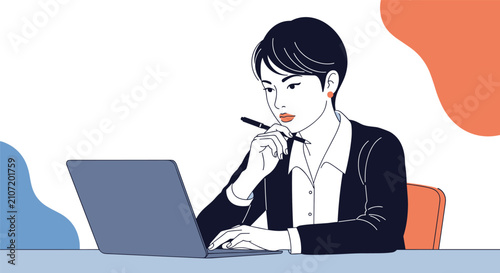 Focused businesswoman in a suit working on a laptop computer and thinking with a pen in her hand at a desk.