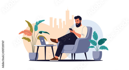 Young man sitting in a cozy armchair looking at his smartphone with a laptop on a side table and plants around.