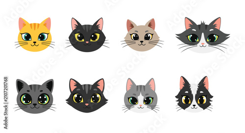 Beautiful set of eight cute cartoon cat faces with big sparkling eyes in different colors and patterns on white.