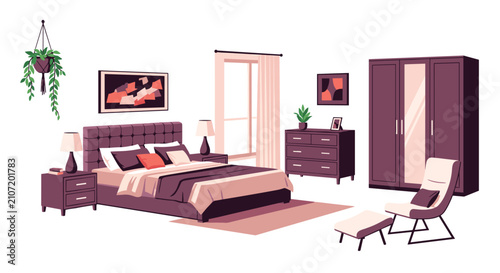 Elegant contemporary master bedroom interior design in stylish mauve tones with a comfortable double bed and wardrobe.