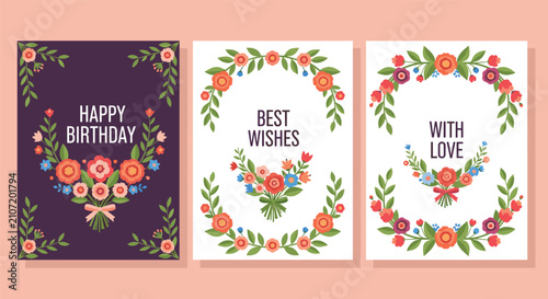 Beautiful set of three cross-stitch style floral greeting cards with sweet messages in decorative flower frames.